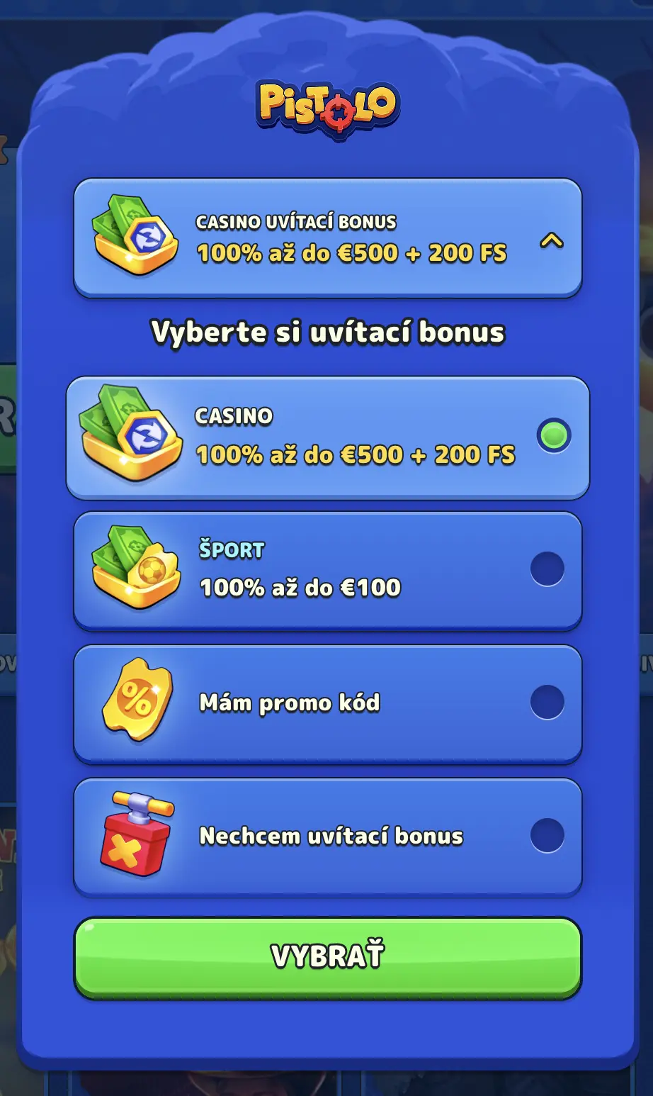 Pistolo Casino uvítací bonus – Získajte 100 % až do €500 a 200 free spinov po registrácii. Bonusová ponuka Pistolo Casino: 100% až do €500 + 200 free spinov, zvýraznená na modrom pozadí s výzvou na registráciu.